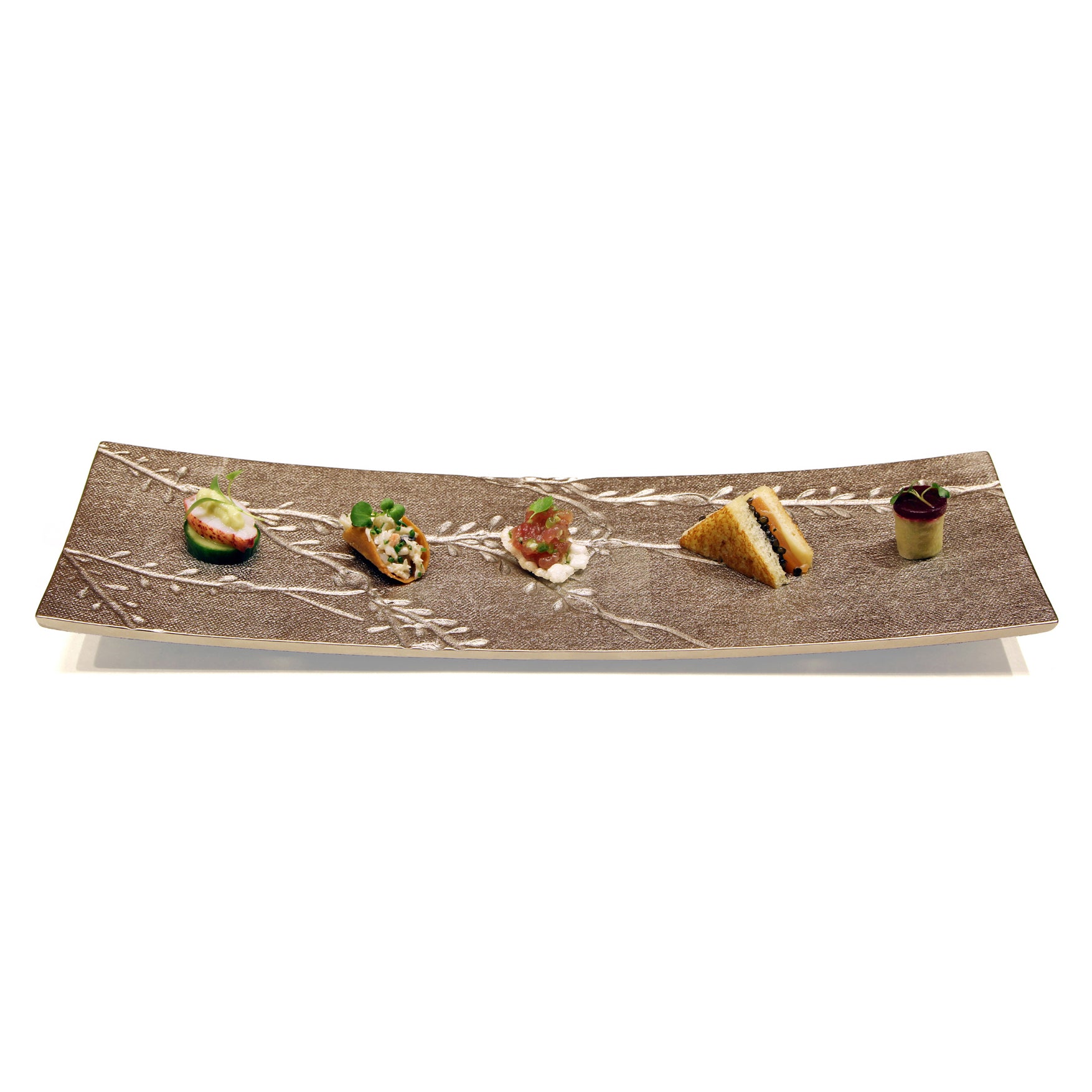 silver serving tray with appetizers on top