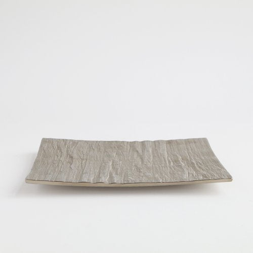 silver metal serving tray with wood texture