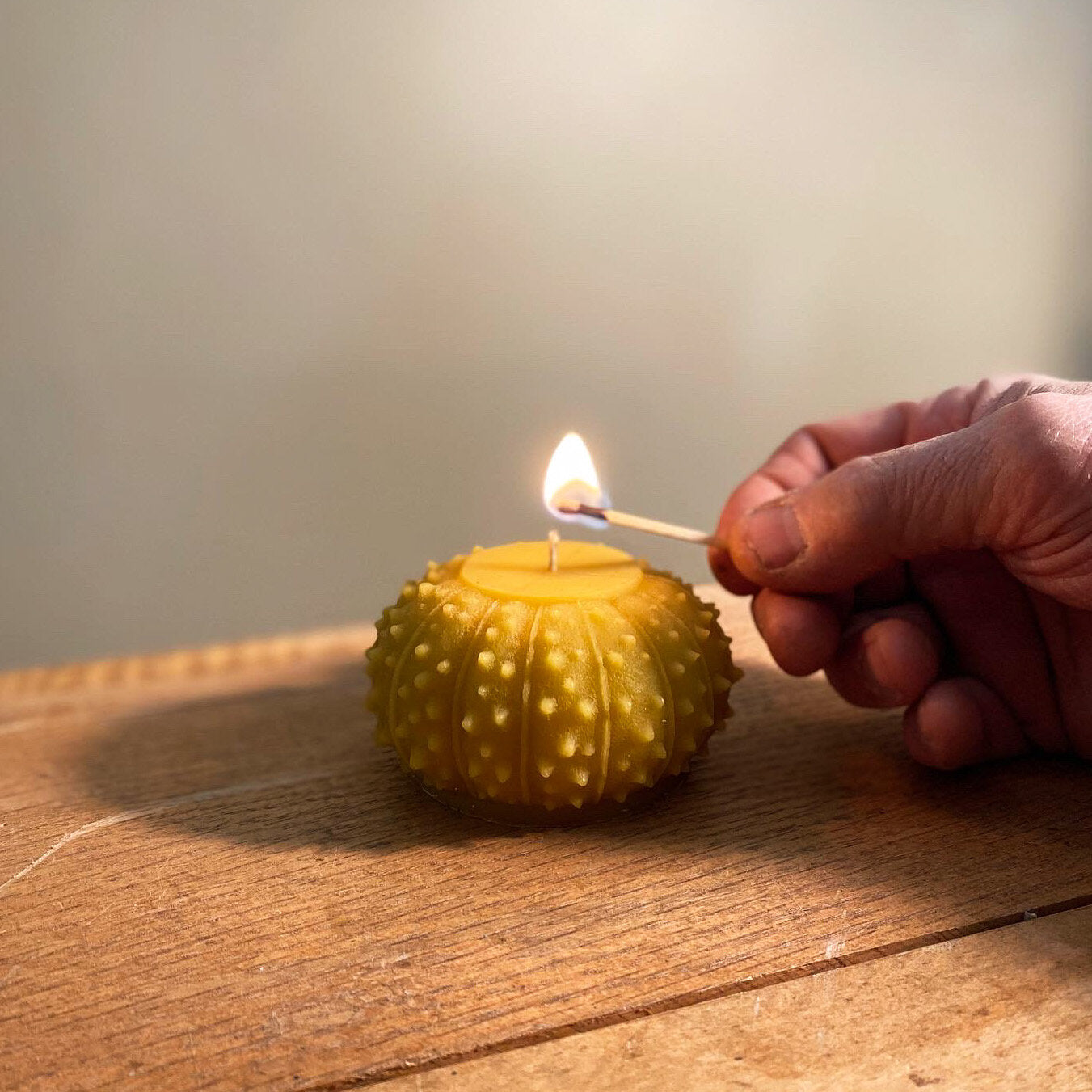hand lighting an urchin candle