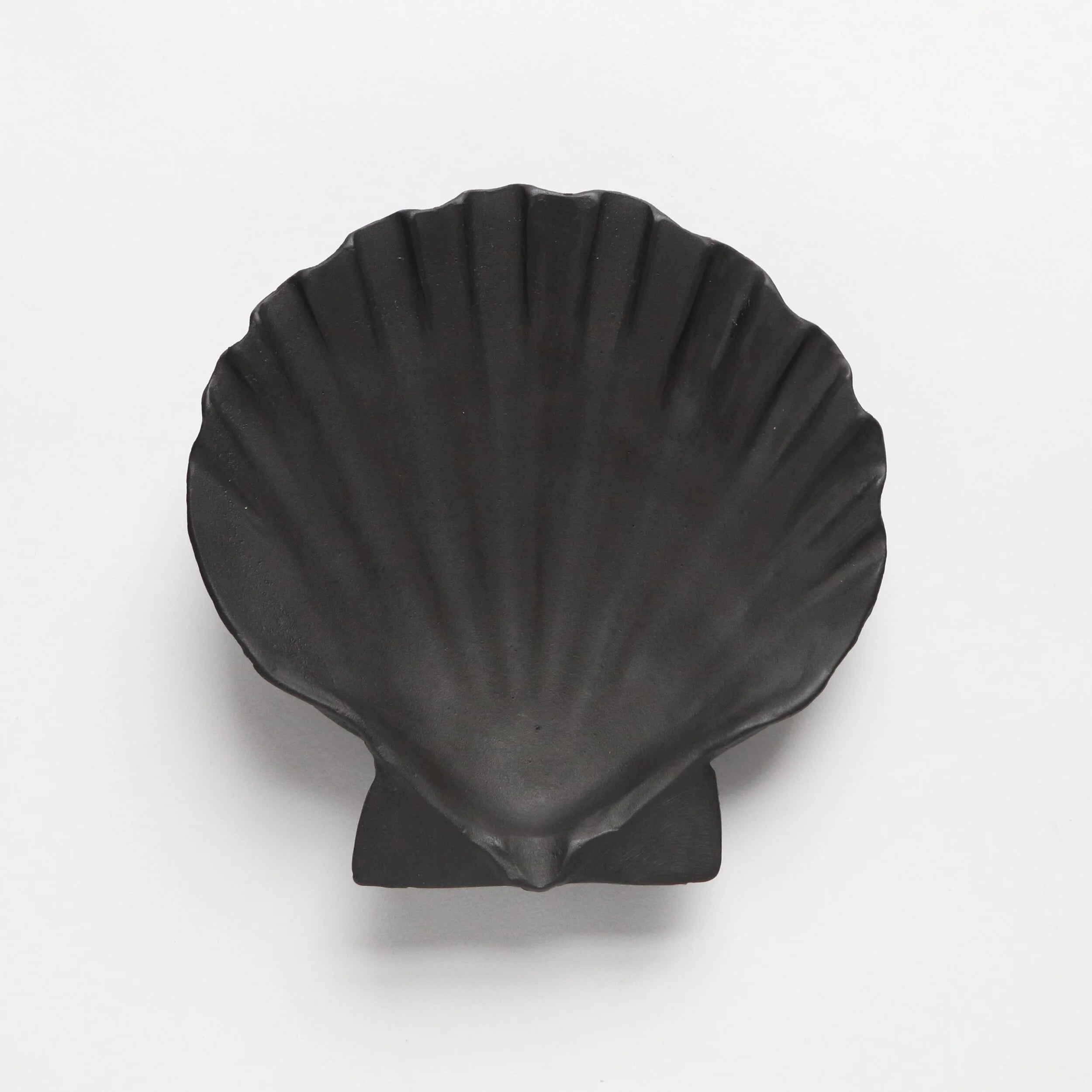 Black shell-shaped dish on a light gray background