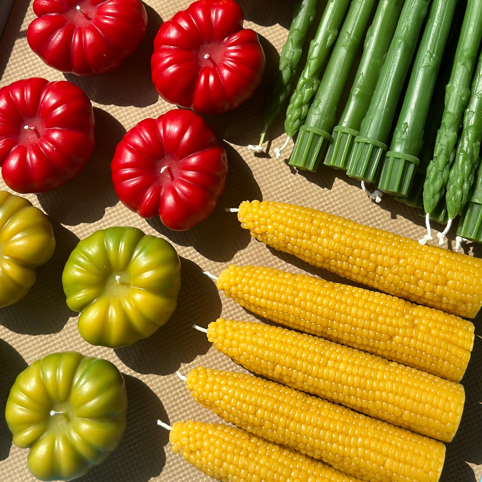 tomato, corn and asparagus candles